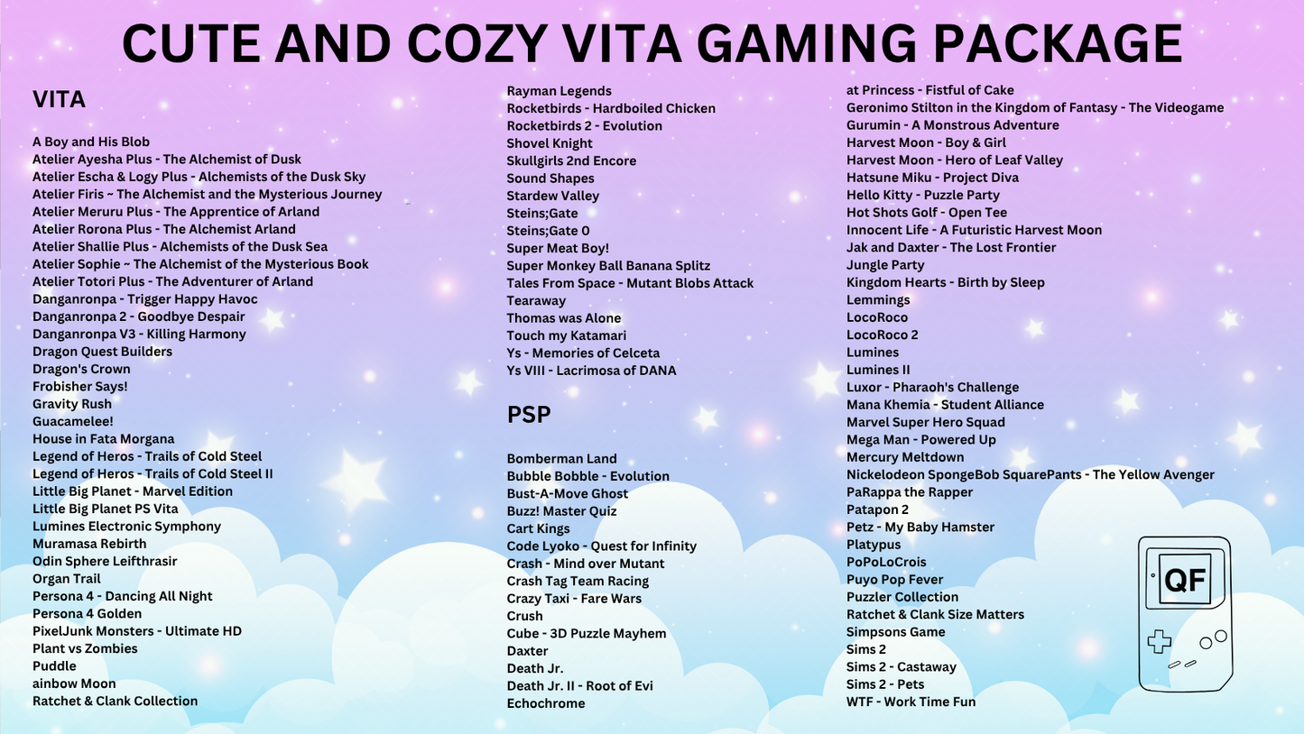 Gaming package list with various titles on a colorful background