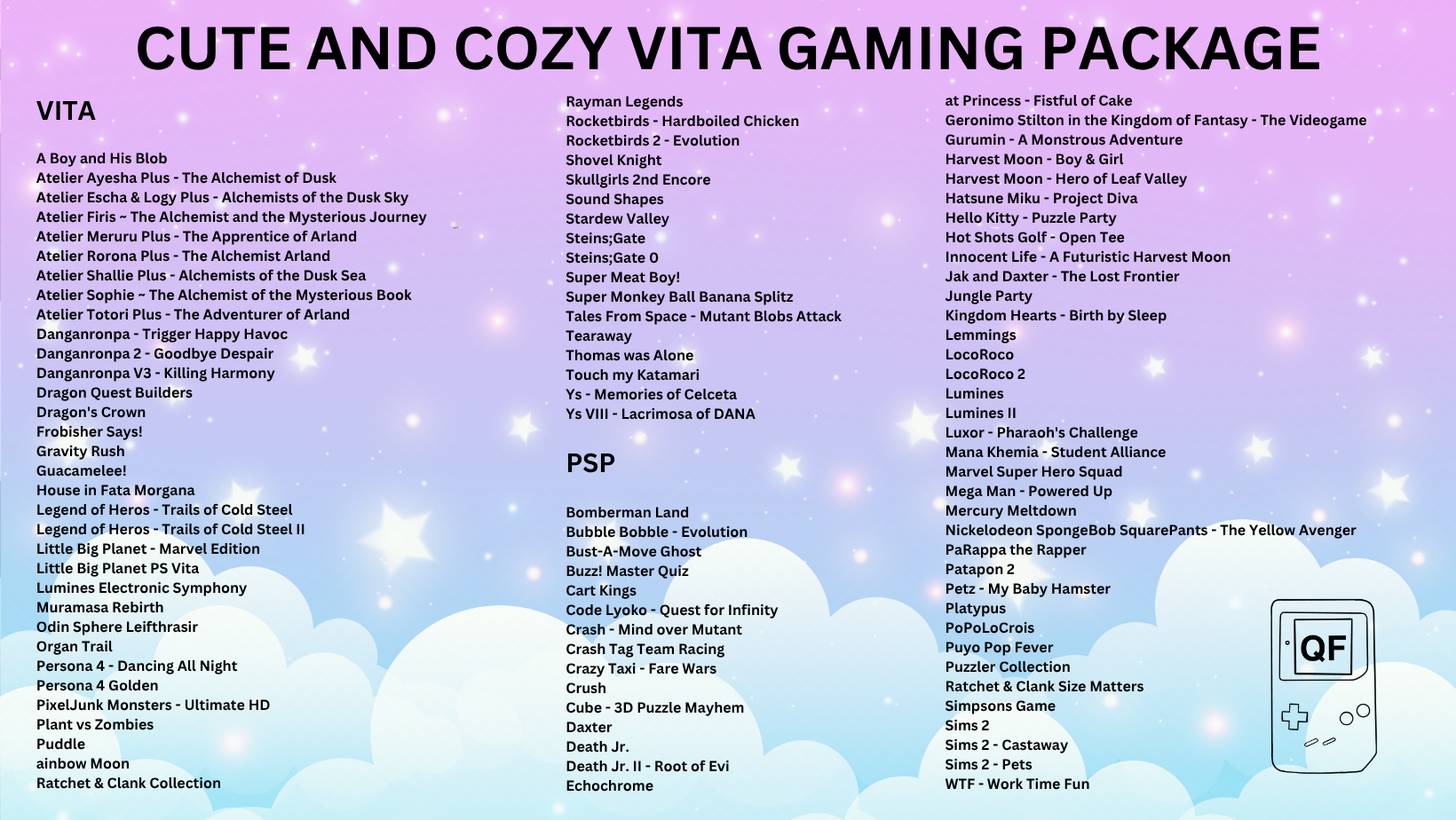 Gaming package list with various titles on a colorful background