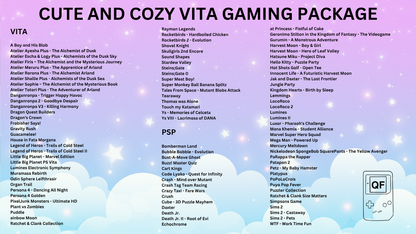Gaming package list with various titles on a colorful background
