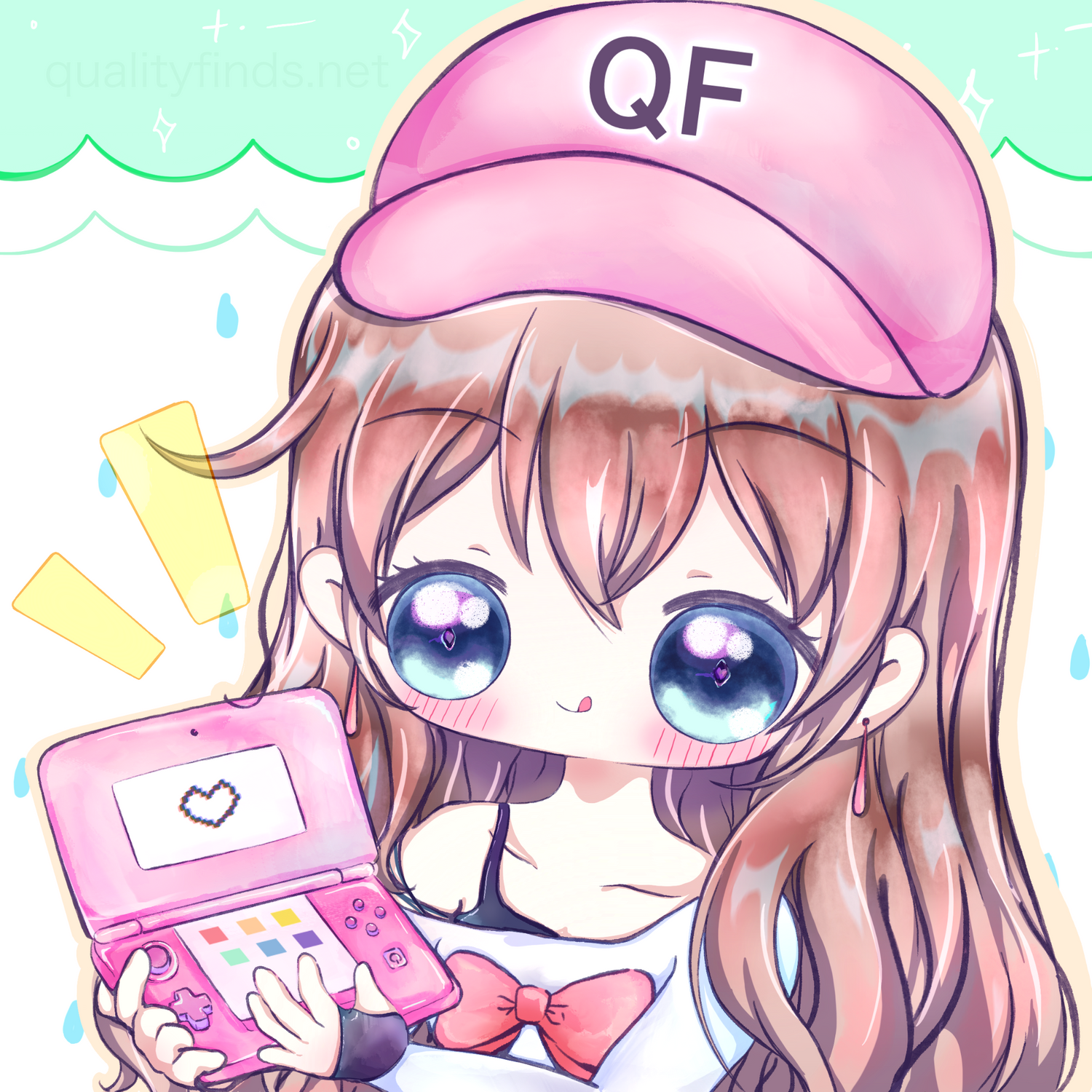 Cartoon character with pink cap and pink device on a light green background